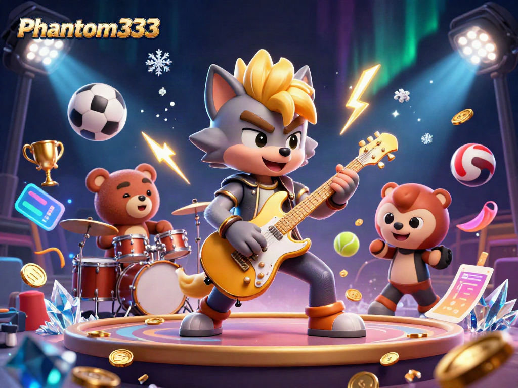Experience Phantom333's electrifying gaming atmosphere with a dynamic rock star wolf and exciting sports elements.