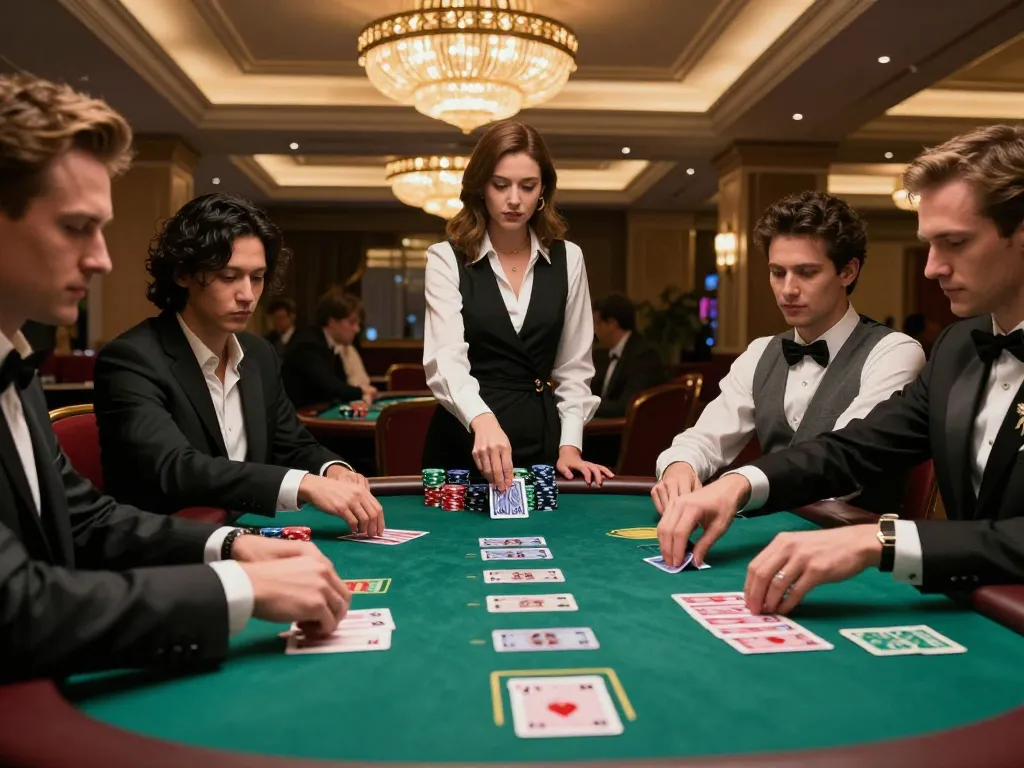Players strategizing their moves at RED88 blackjack table in elegant casino atmosphere