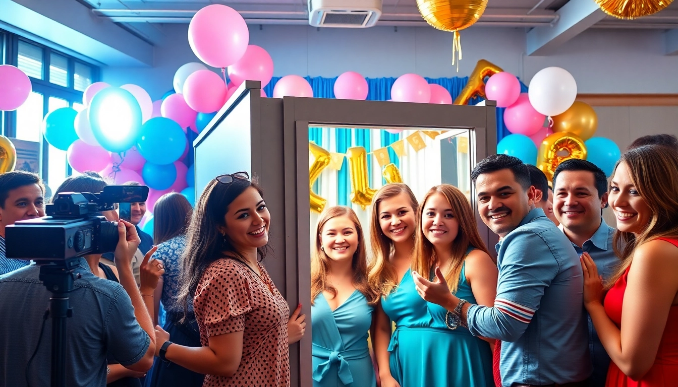 Guests enjoying a photo booth rental experience at a festive event with vibrant decorations.