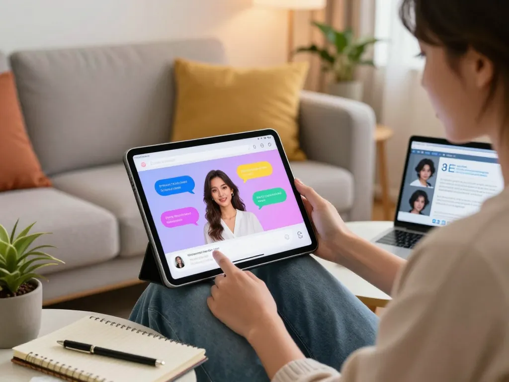 User interacting with an AI girlfriend app on a tablet, showcasing the fluid digital interface and cozy home environment.
