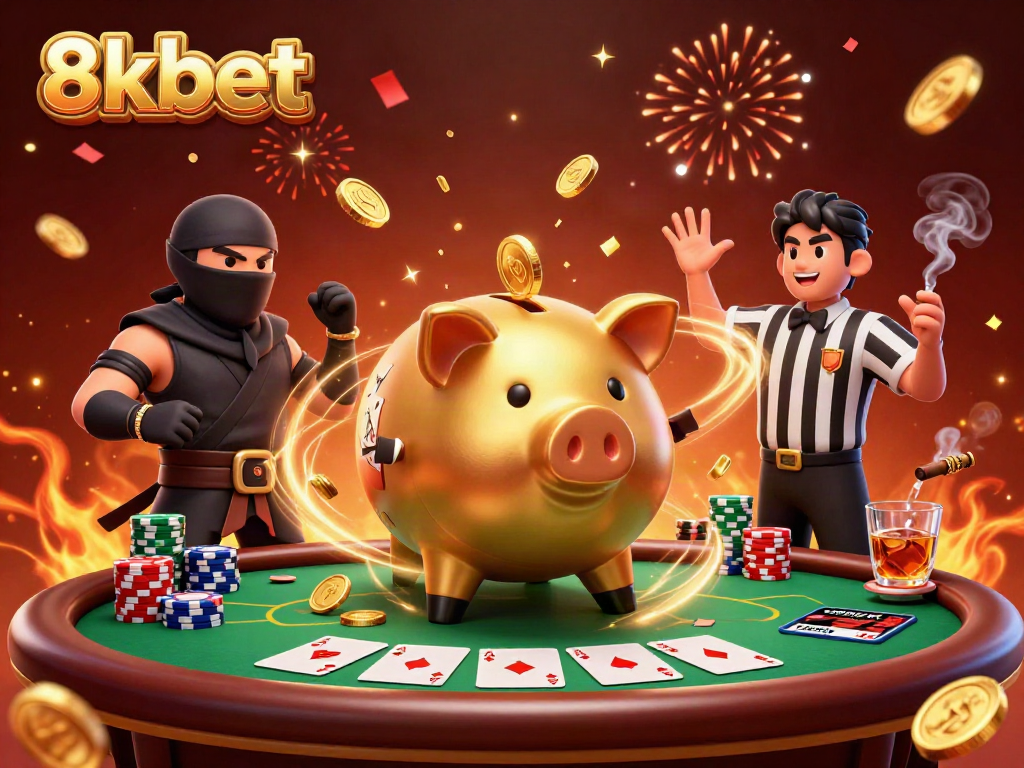 Experience the thrill of 8xbet with animated characters in a vibrant poker-themed illustration.