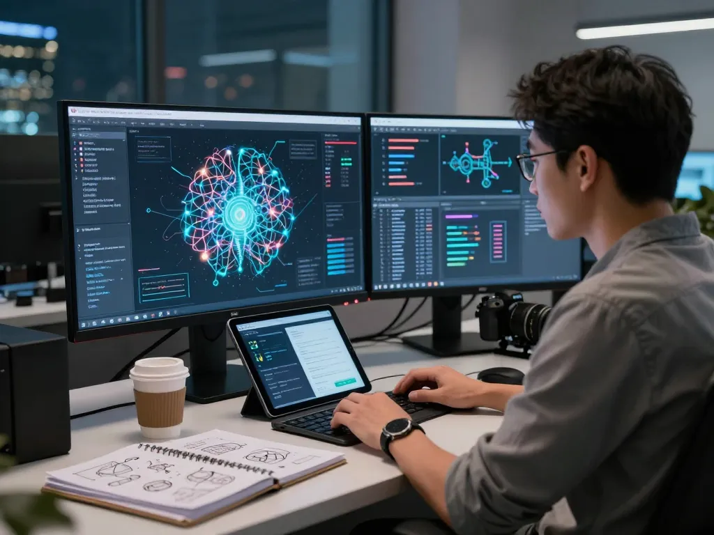 AI specialist analyzing mind control ai algorithms in a modern workspace.