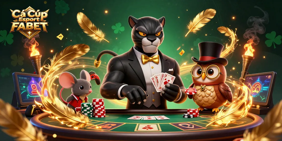 Cá Cược Esports FABET showcases a vibrant esports betting scene with cartoon characters and dynamic elements.