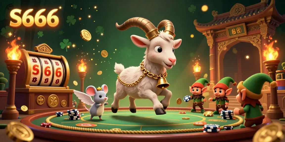 S666 casino scene showcases Krampus goat and angel mouse amidst chaotic gremlins stealing chips.