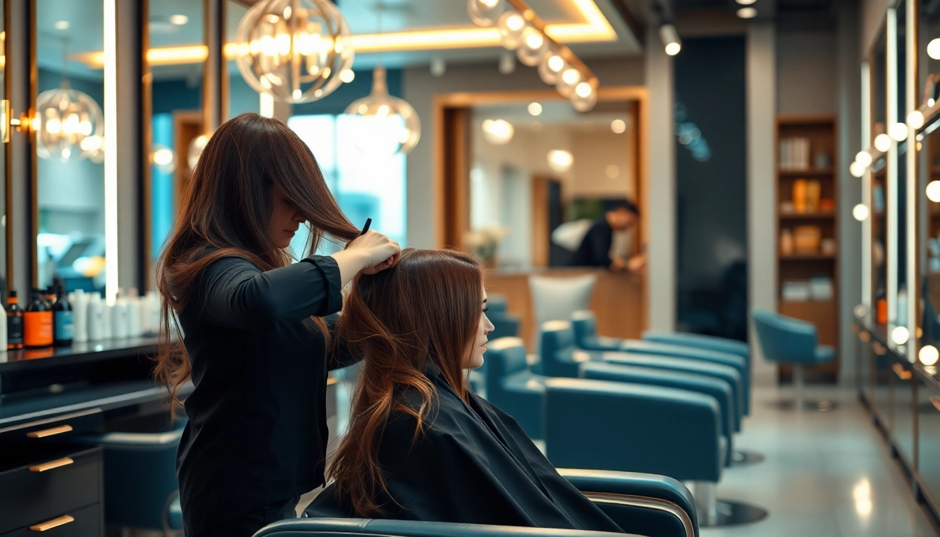Best salons in city showcasing a stylist working with a client in a modern, vibrant salon environment.