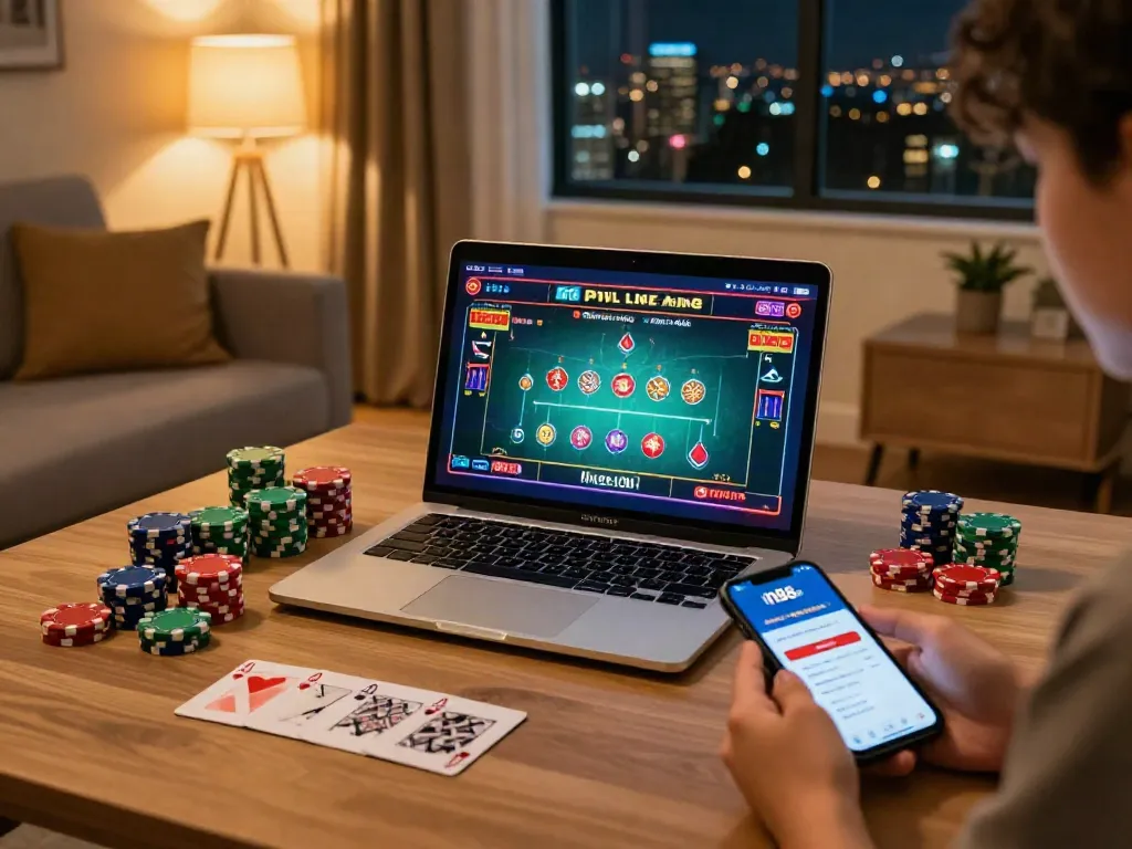 Experiencing m88.com login alternatif at home with colorful poker chips and a laptop.