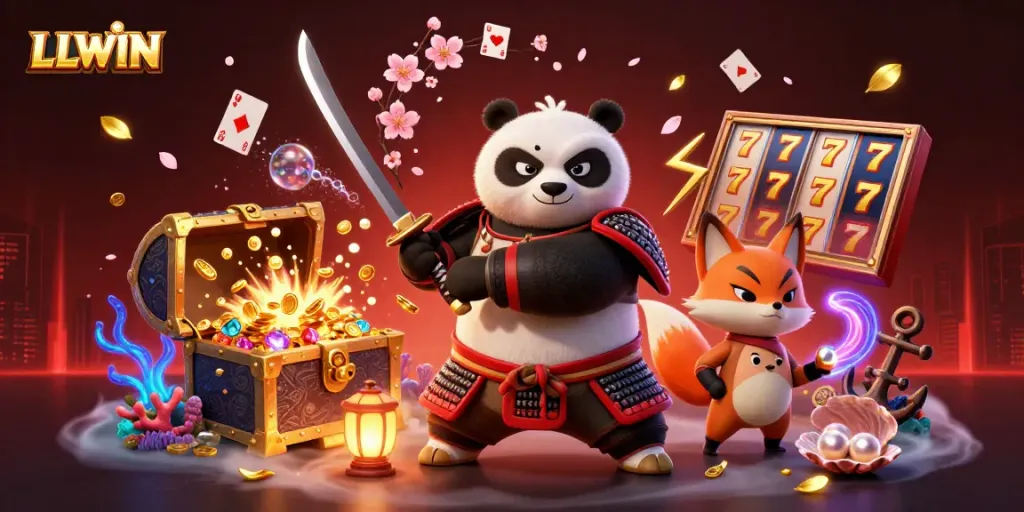 LLWIN: Experience the excitement of a dynamic online casino scene featuring vibrant characters and slot game elements.