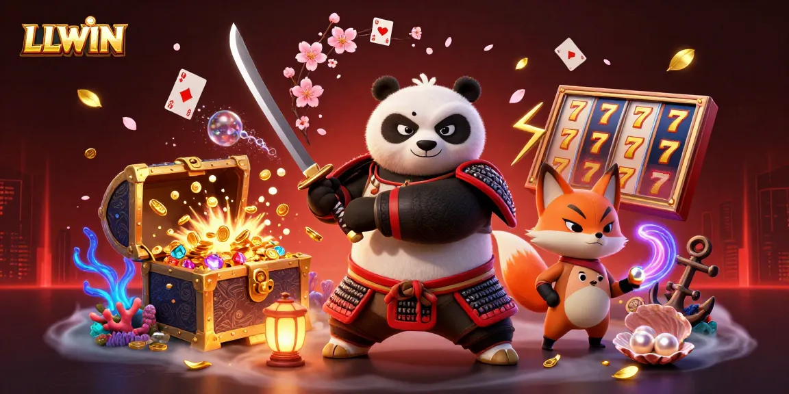 LLWIN: Experience the excitement of a dynamic online casino scene featuring vibrant characters and slot game elements.