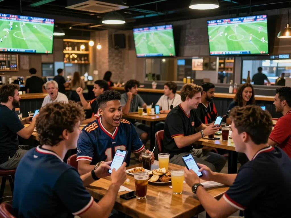 Xem truc tiep bong da in a lively sports bar with multiple screens and enthusiastic fans.