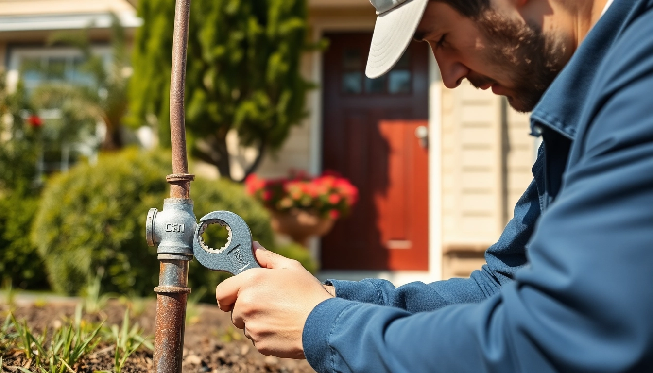 Plumber near me repairing a pipe in a garden, showcasing skilled service and reliability.