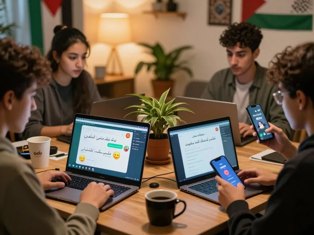 Engaging online chat environment showcasing connections in شات فلسطين, with young individuals interacting joyfully.