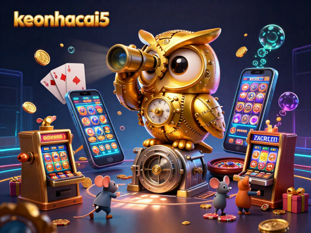 Play the exciting games at keonhacai5, where a golden owl and mouse patrons explore a vibrant casino scene.