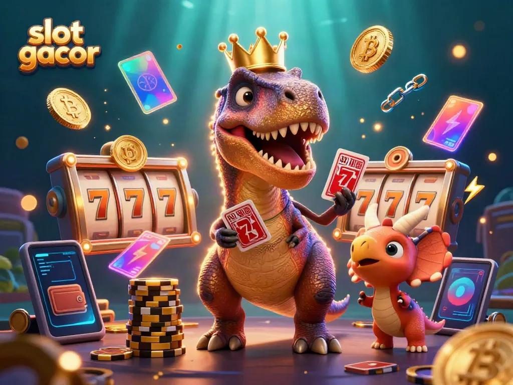 Experience slot gacor with a playful T-Rex shuffling cards among neon cryptocurrency elements in a vibrant casino scene.