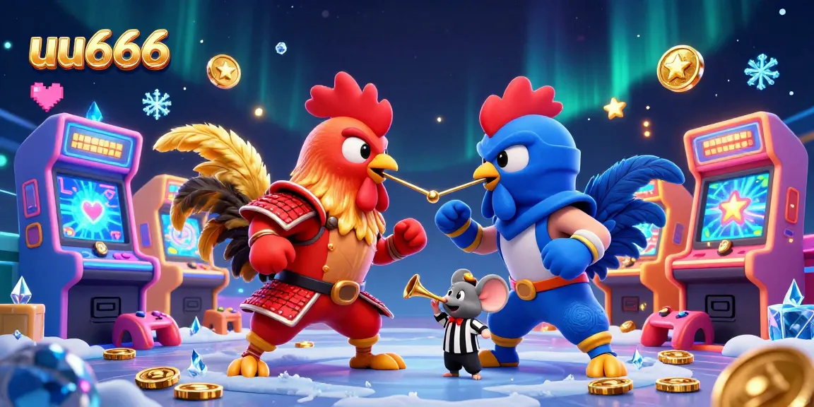 Experience thrilling rooster fights at uu666 with vibrant casino game elements and dramatic 3D art.