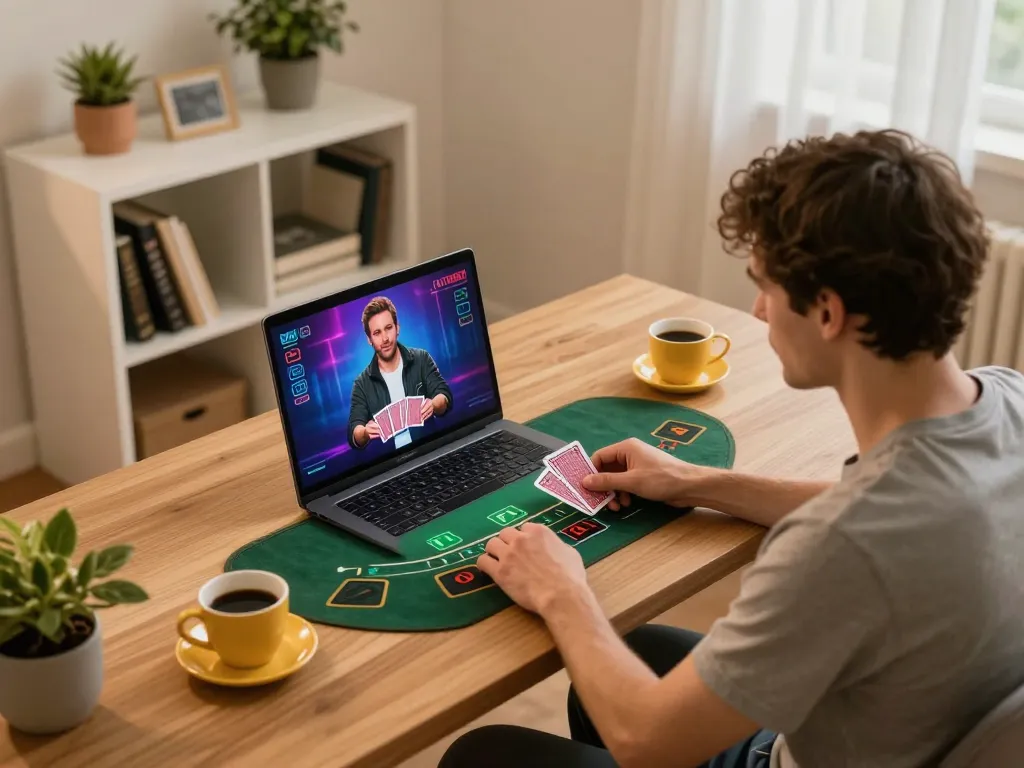 Engaged player using ee88go for live dealer blackjack from a cozy home setup.