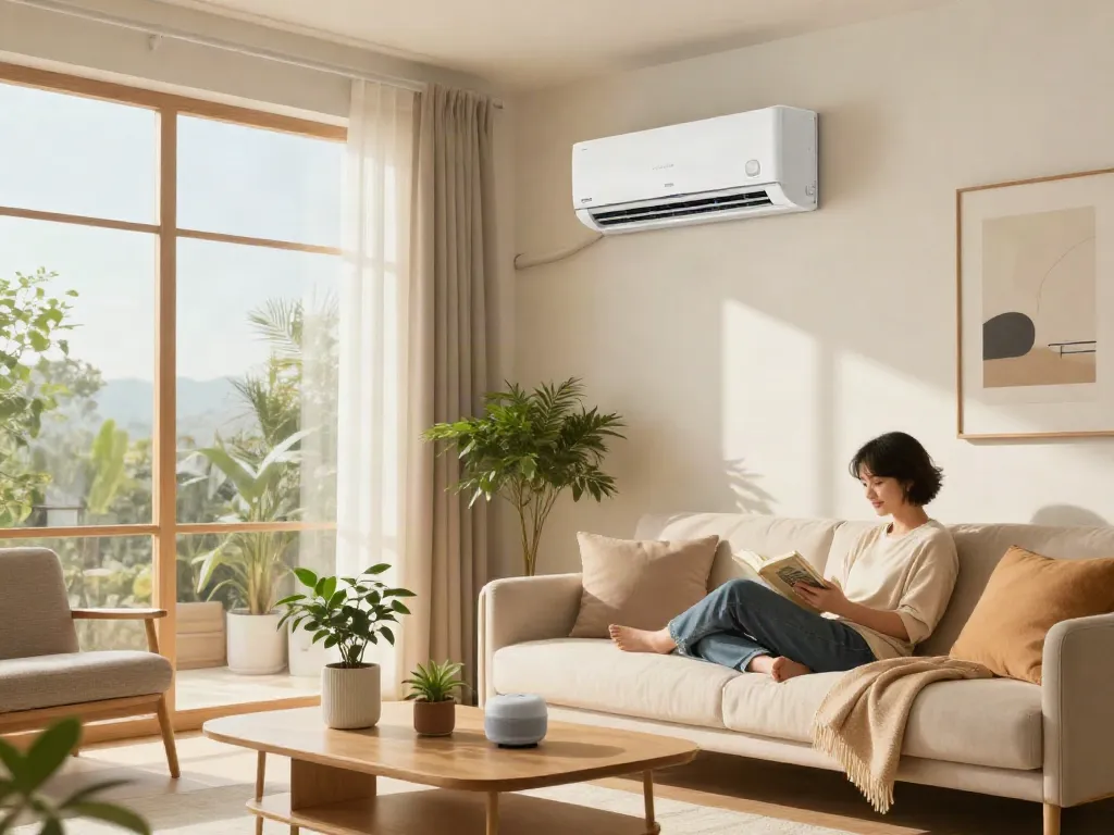 Experience the comfort of a 2400 btu mini split air conditioning unit in a stylish living room with warm sunlight.
