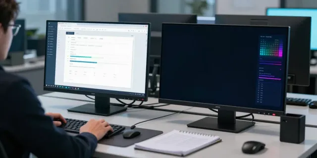 Web application penetration testing in a modern cybersecurity office with multiple monitors and security tools.