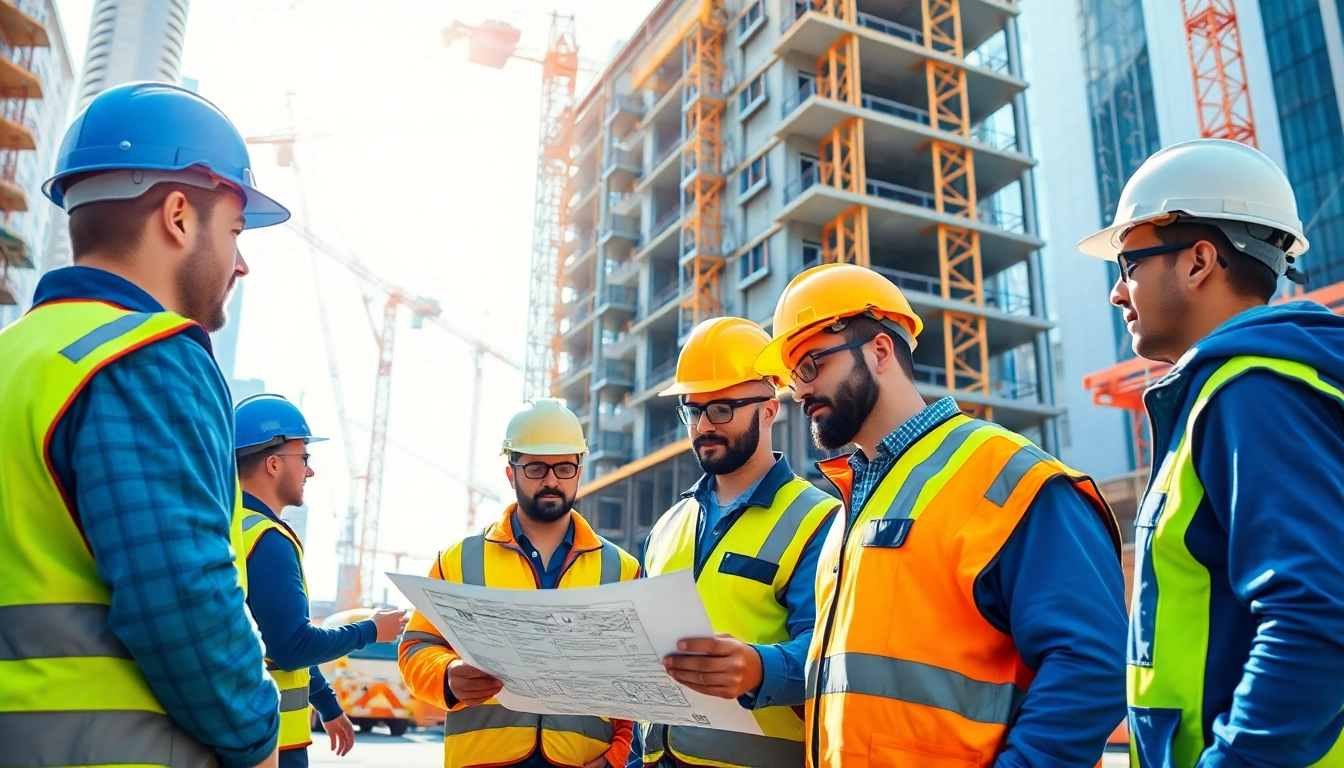New Jersey Commercial General Contractor team collaborating on a construction site with blueprints and cranes.