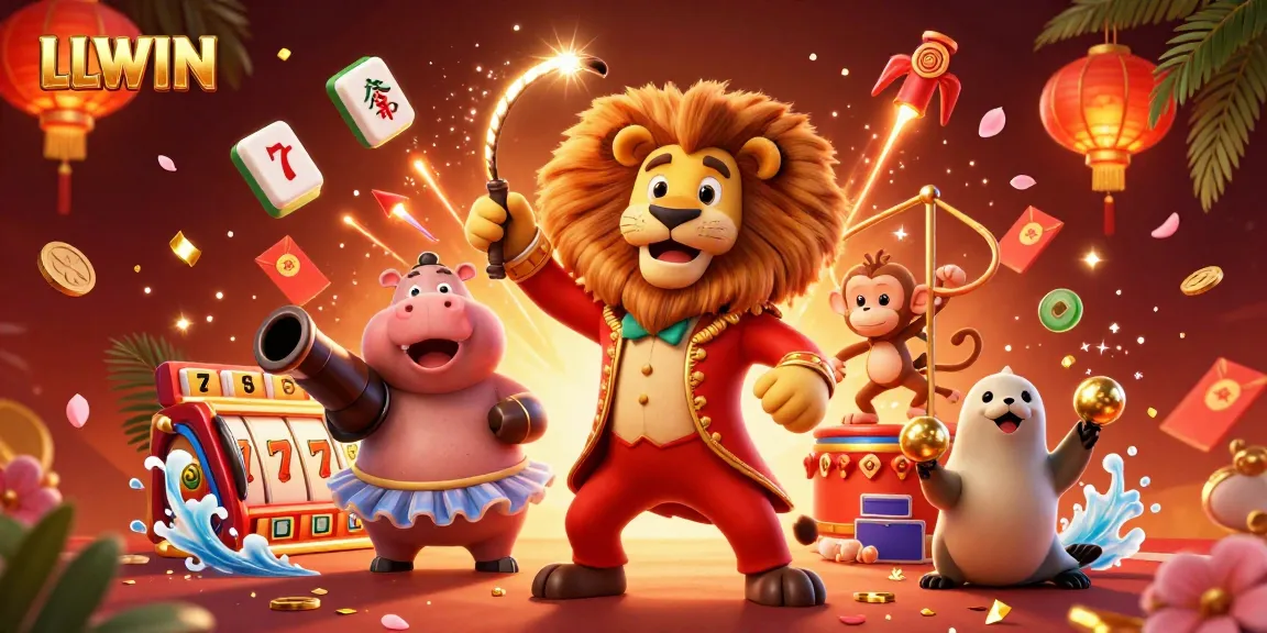 LLWIN themed illustration showing a vibrant casino scene with a cartoon ringmaster and gambling elements.