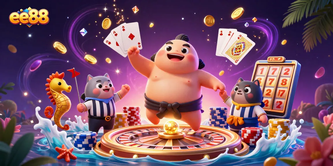 Experience thrilling casino action at ee88 with a 3D cartoon fugu and friends celebrating wins.