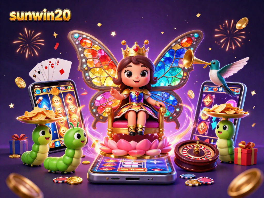 Experience thrilling gaming with sunwin20 in a vibrant, celebratory 3D casino scene.