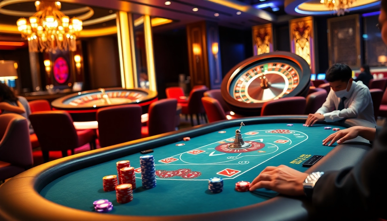 NK88 players engaged in a thrilling poker game at an upscale casino table, highlighting excitement.