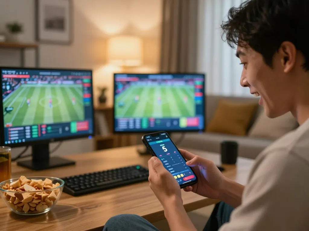 The person engaging with tỷ lệ kèo nhà cái 5 on a smartphone in a lively sports betting environment.