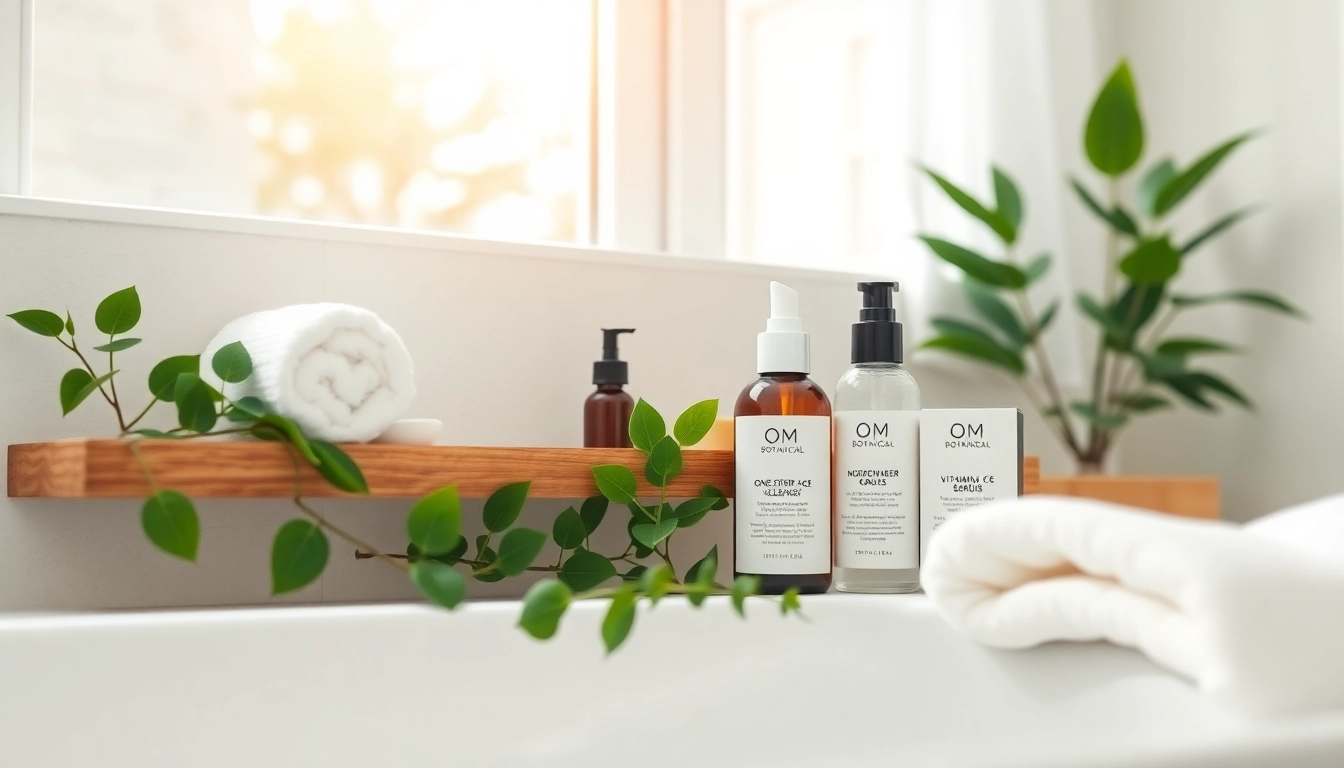 Microbiome friendly skincare products displayed in a serene bathroom setting with natural light and greenery.