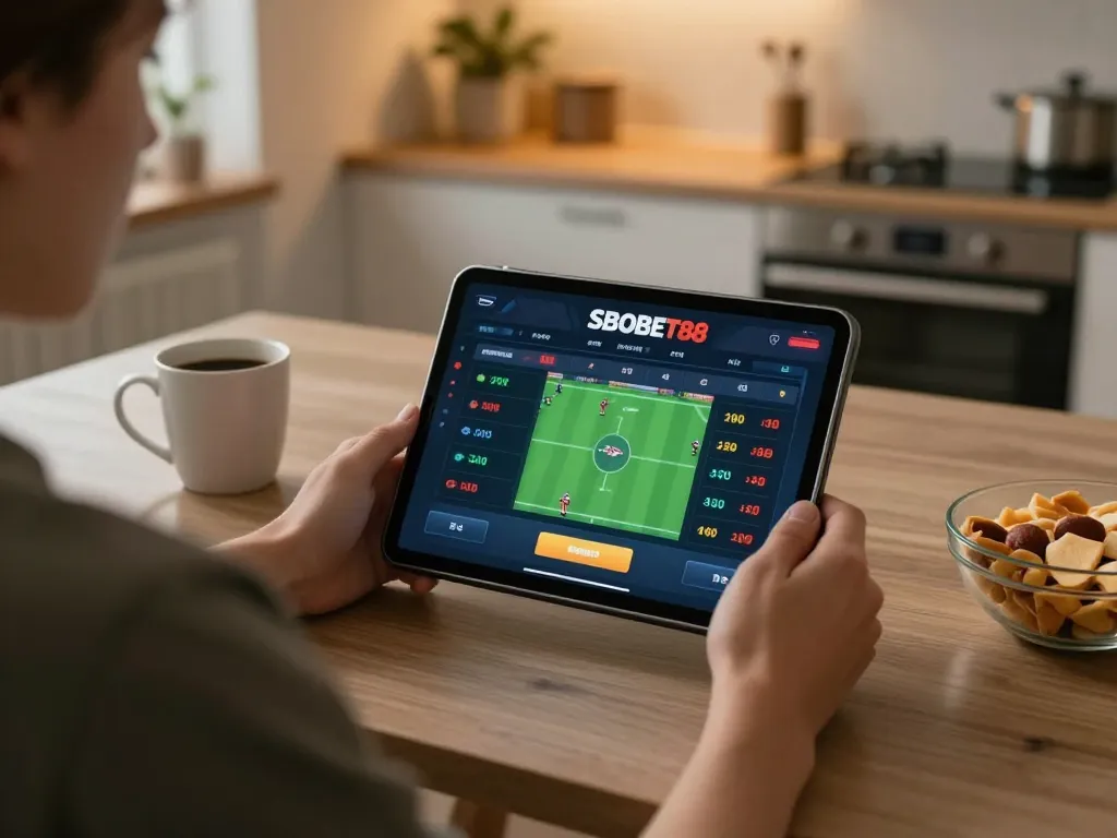 Pengalaman taruhan sportsbook SBOBET88 di tablet dalam lingkungan rumah yang nyaman, menampilkan permainan strategis.