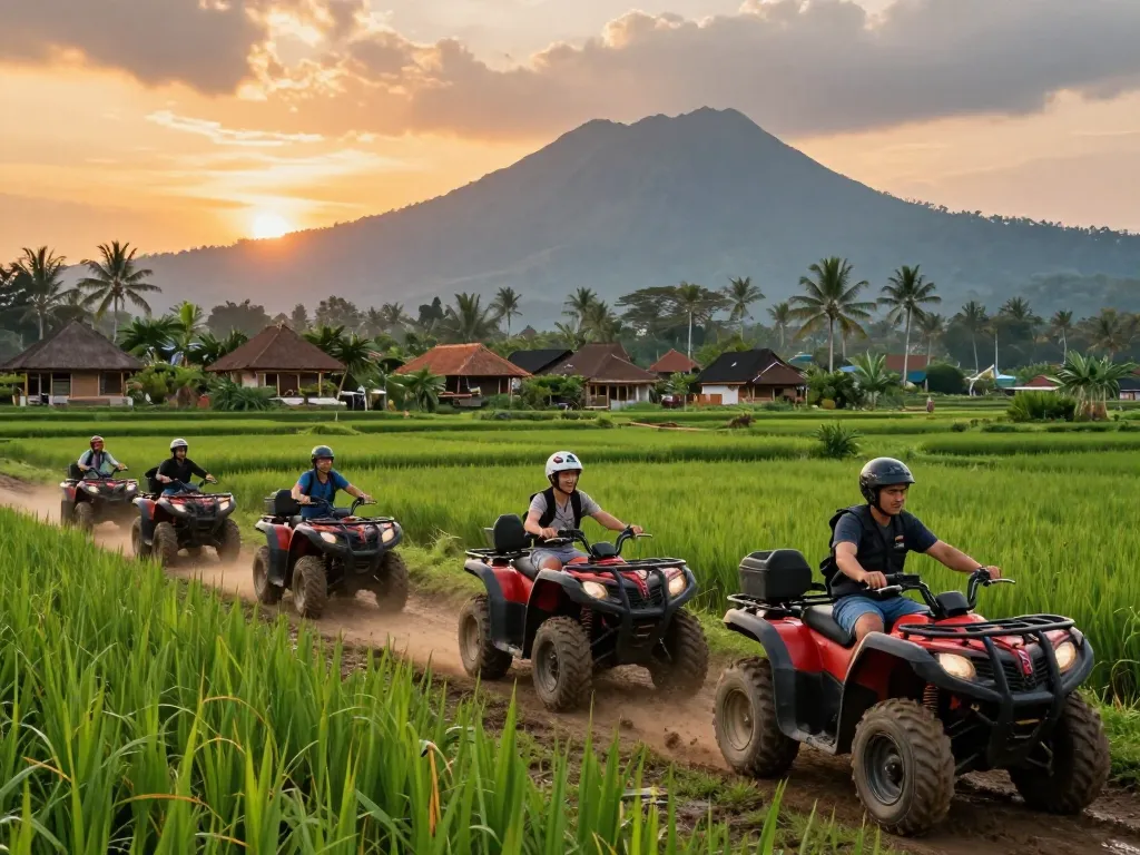 Explore Bali tour packages with thrilling ATV adventures through jungles and rice fields during sunset.