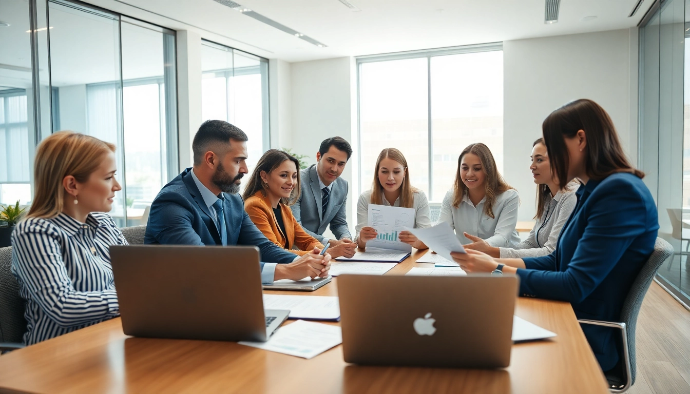 Streamline Contract Management process with collaborative professionals reviewing legal documents in an office.