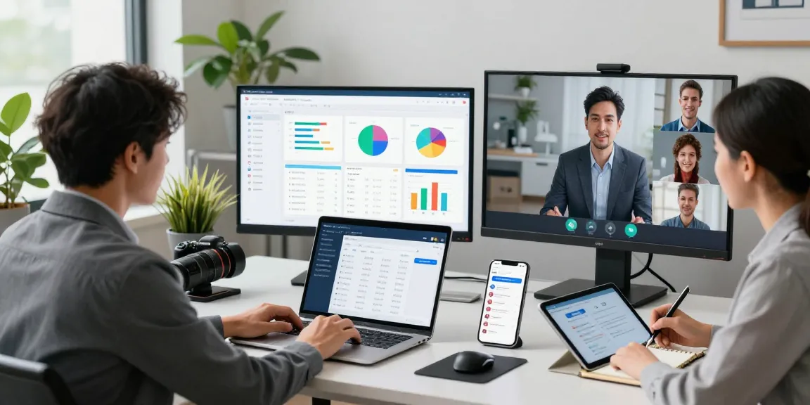 Service business CRM platform in use by professionals optimizing client management and workflows in a modern office.