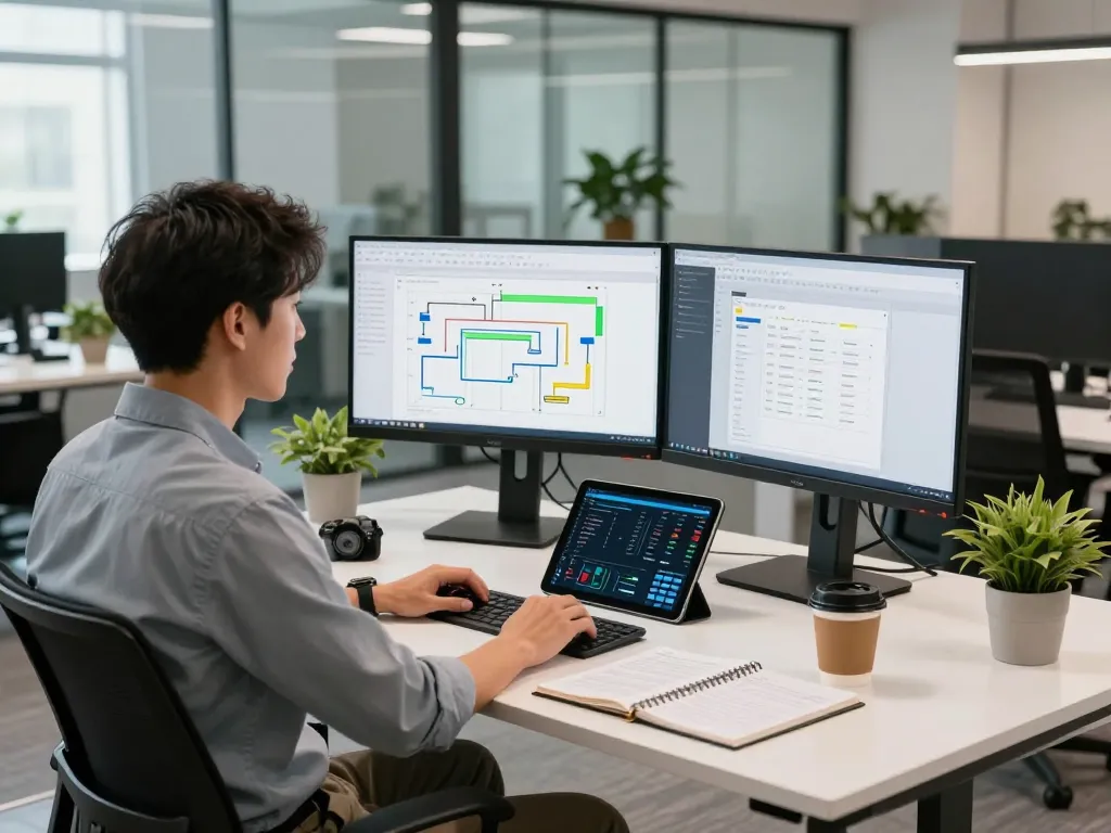 Automation specialist analyzing workflows in a modern office environment.