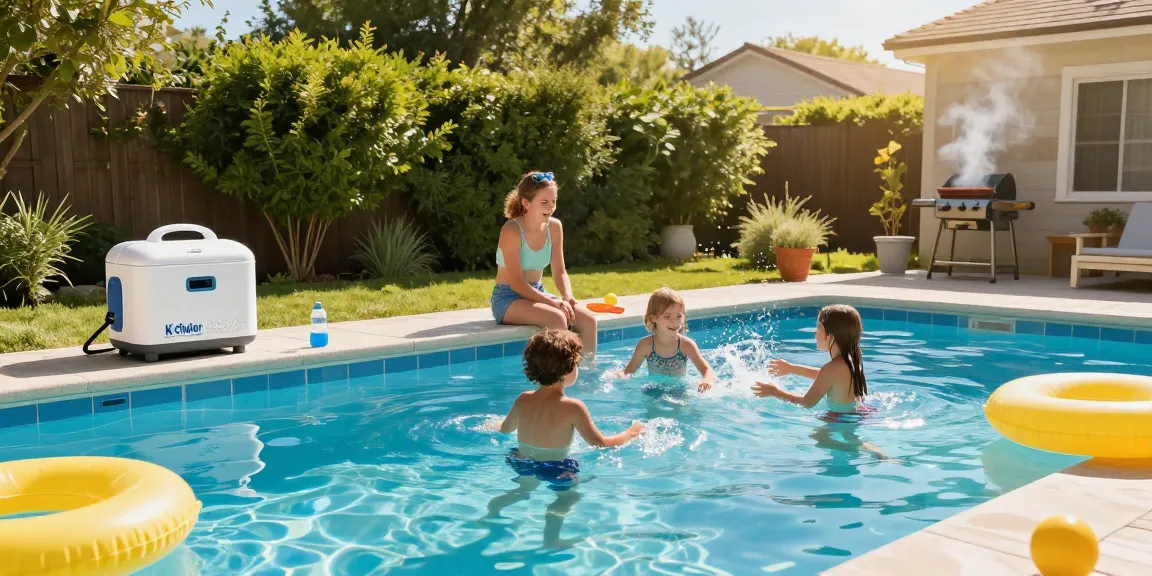 Family enjoying summer by the pool with the best chlorinator for inground pools visible, showcasing a vibrant outdoor atmosphere.