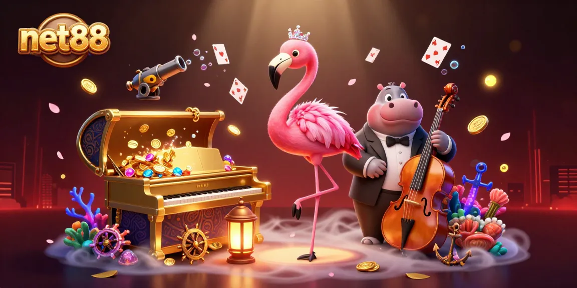 Experience the vibrant net88 world with a singing flamingo and a hippo bassist amidst casino treasures.