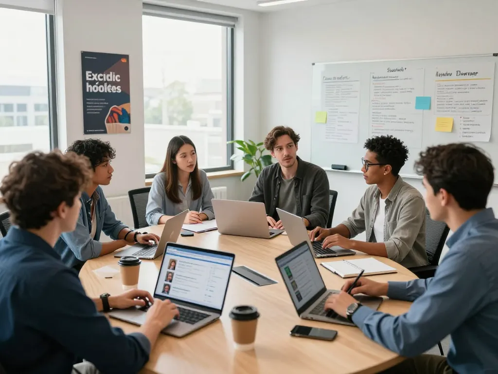 Diverse recruitment team collaborating on hiring strategies at search firms in a modern office.