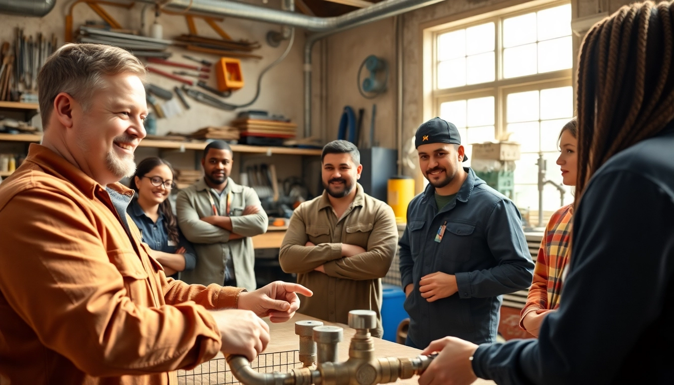 Engaged individuals in plumbing apprenticeship training environment showcasing hands-on learning.