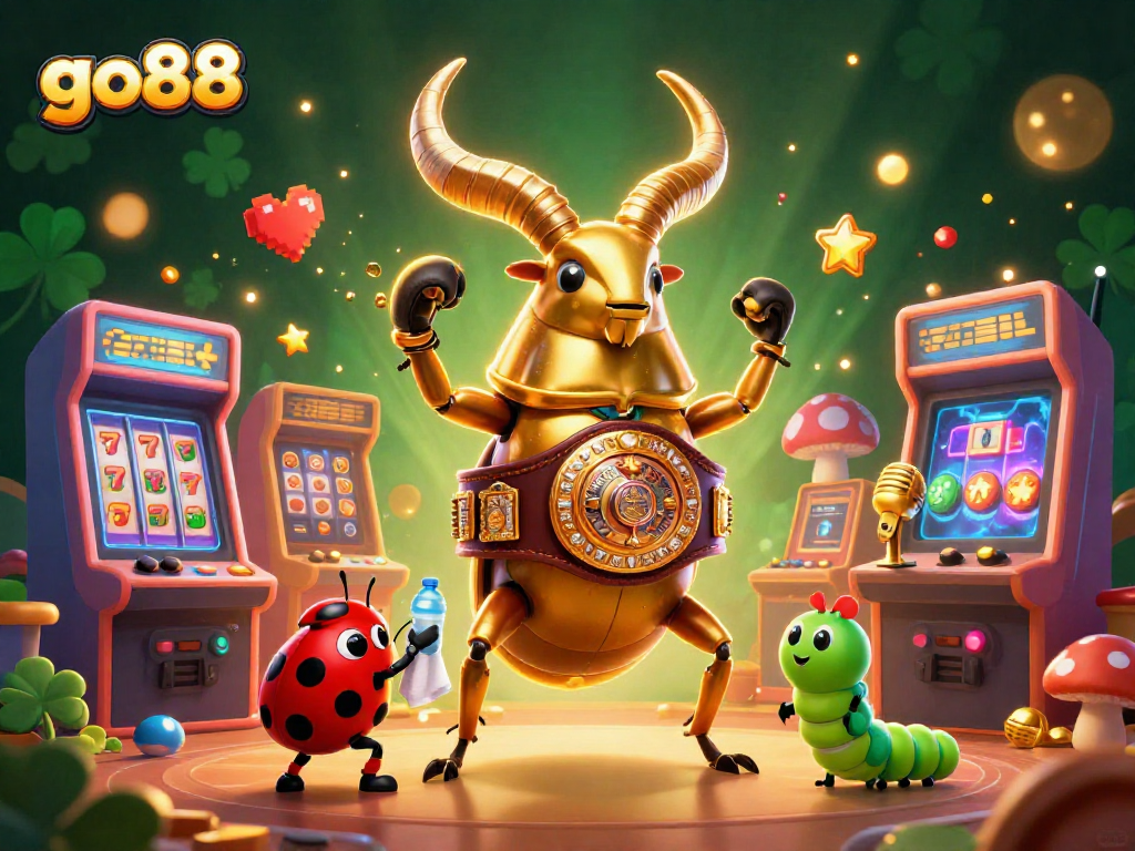 Engage in thrilling gameplay with go88, featuring a golden stag beetle champion amid casino slot elements.