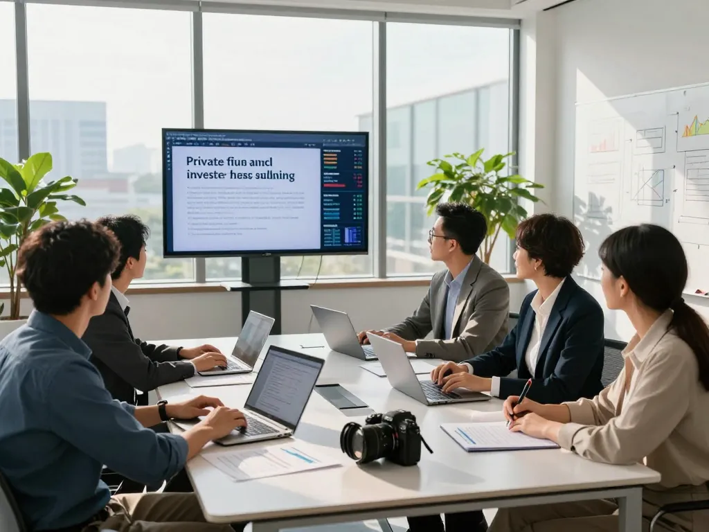 A team strategizing private investor funding in a modern office setting, showcasing collaboration and financial insights.