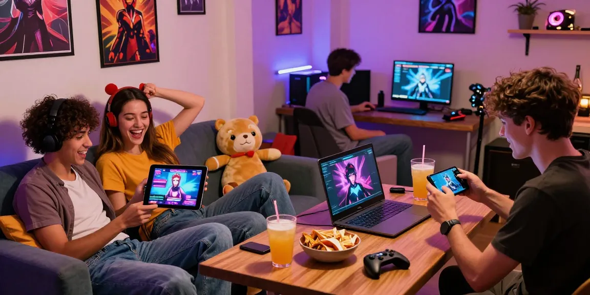 Engaging scene showing players enjoying online sex games on various devices in a vibrant, cozy atmosphere.