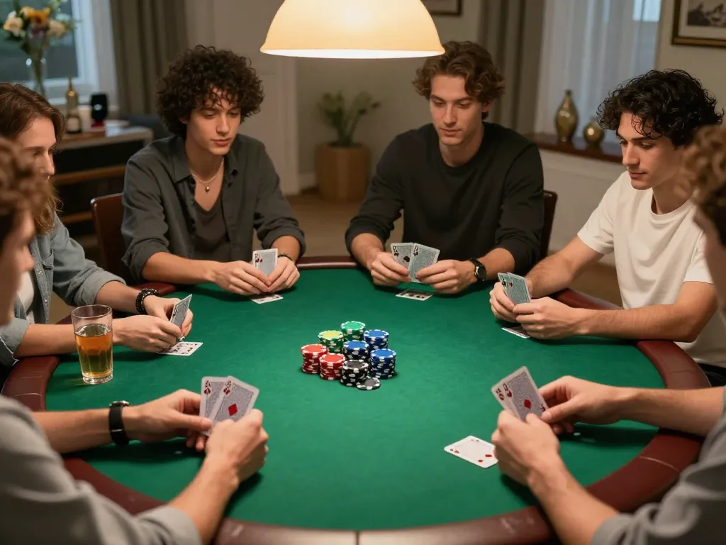 Friends strategizing their poker hands during an exciting home game night with 88xeng.