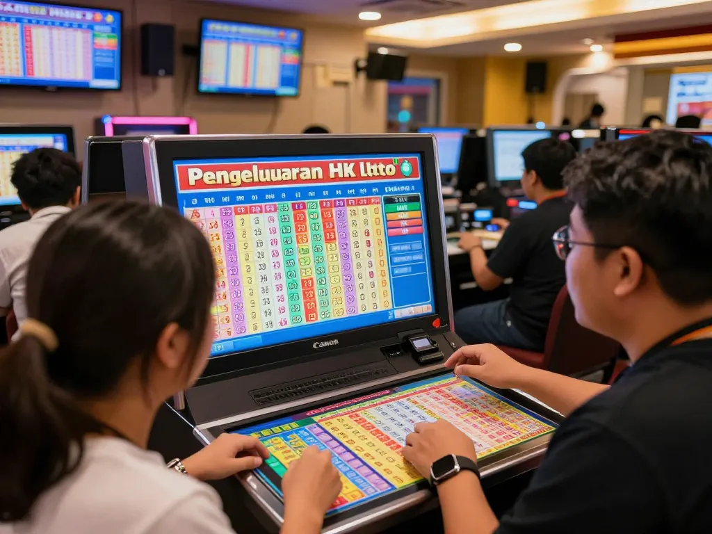 Pemain yang bersemangat menganalisis hasil Pengeluaran HK Lotto di lounge permainan yang hidup.