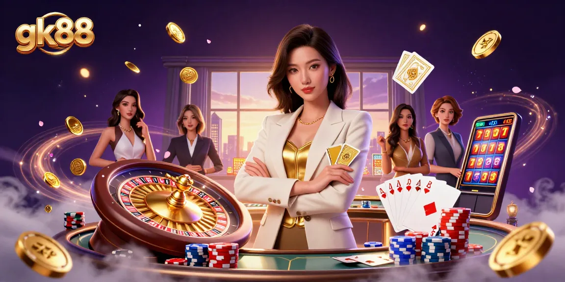 Engage with gk88 through a powerful Asian female dealer in a dynamic casino scene.