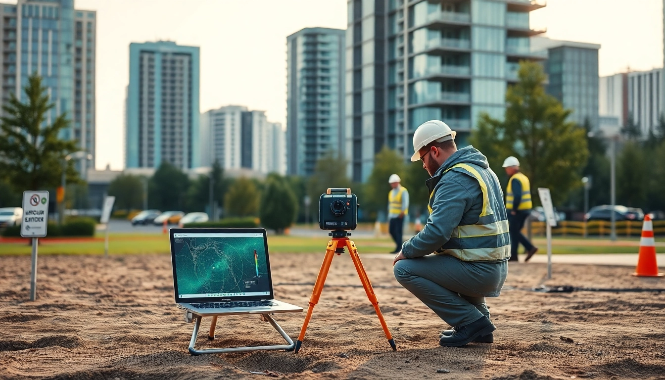 GPR surveys Surrey showcasing a professional surveyor using advanced radar equipment in an urban landscape.