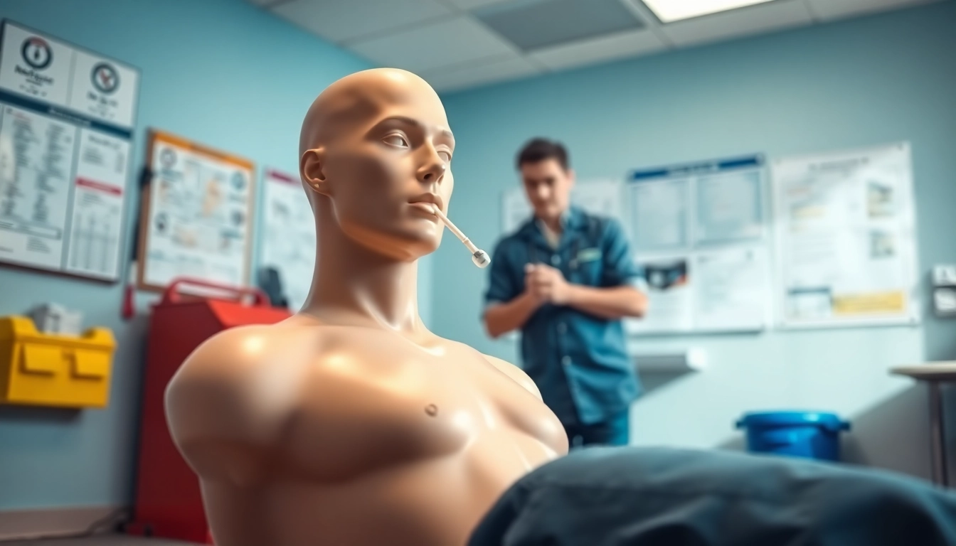 Implementing a choking device on a CPR training mannequin during a safety session.