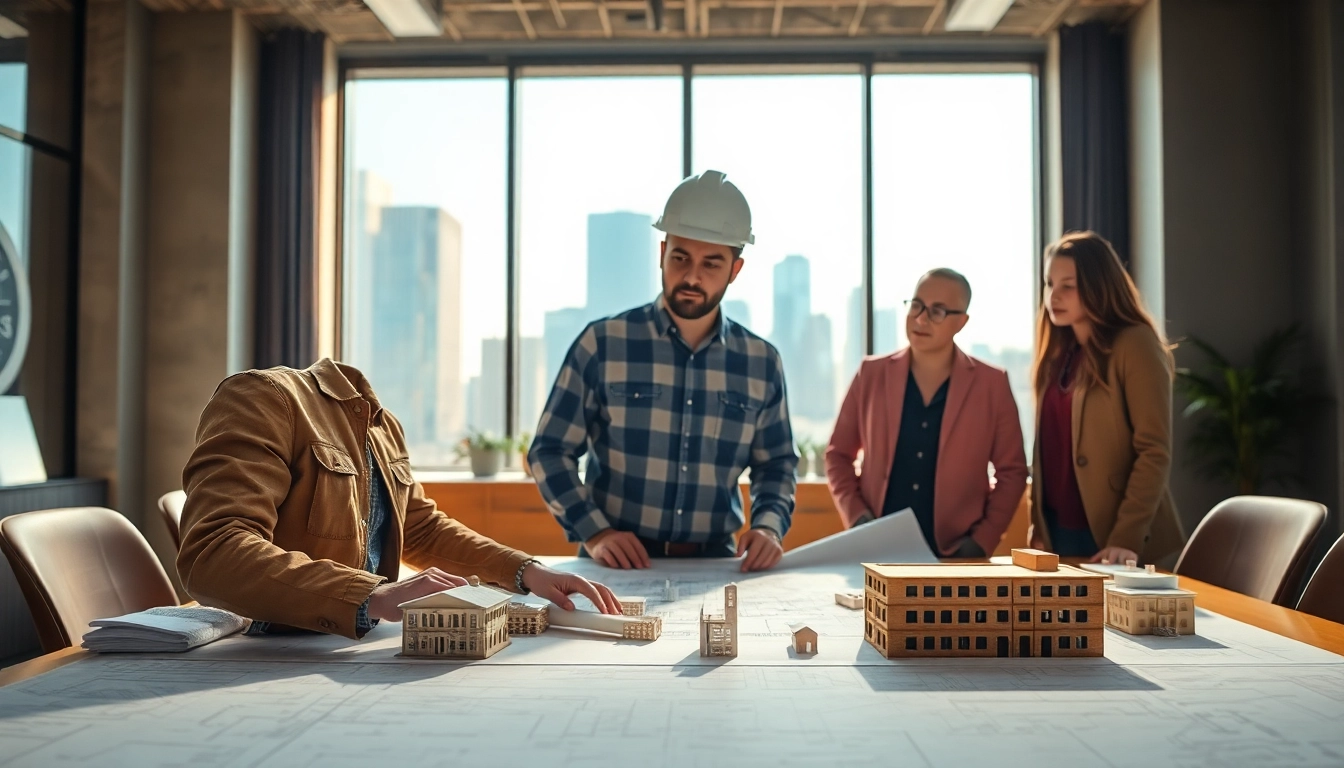 Advocating for construction, a collaborative team reviews blueprints in a modern office.