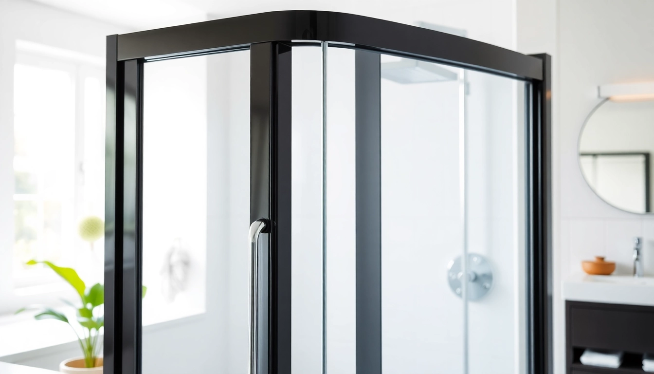 A modern black shower door enhances a stylish bathroom with elegant chrome fixtures, combining sophistication and functionality.