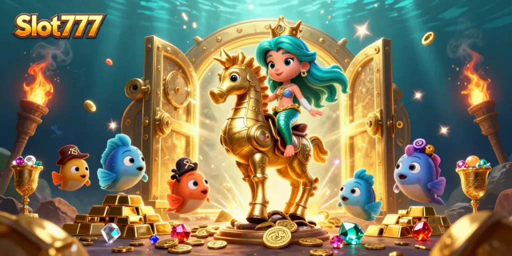 Menangkan hadiah Slot777 dengan aplikasi slot dalam ilustrasi putri duyung dan harta karun.