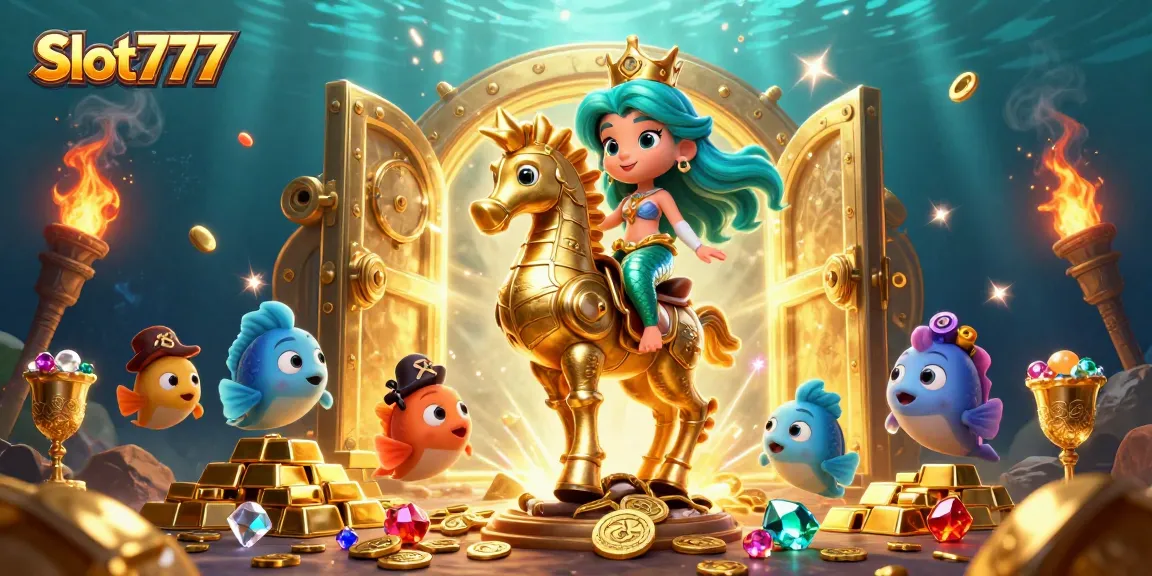 Menangkan hadiah Slot777 dengan aplikasi slot dalam ilustrasi putri duyung dan harta karun.