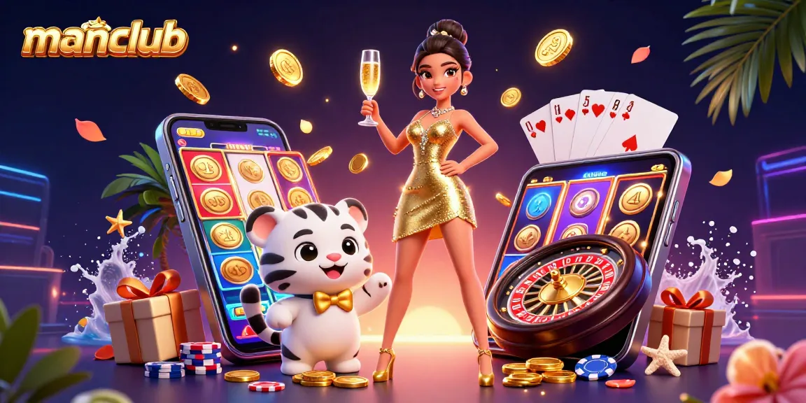 Experience thrilling jackpots at manclub with a glamorous 3D woman and a lucky tiger cub amidst casino excitement.